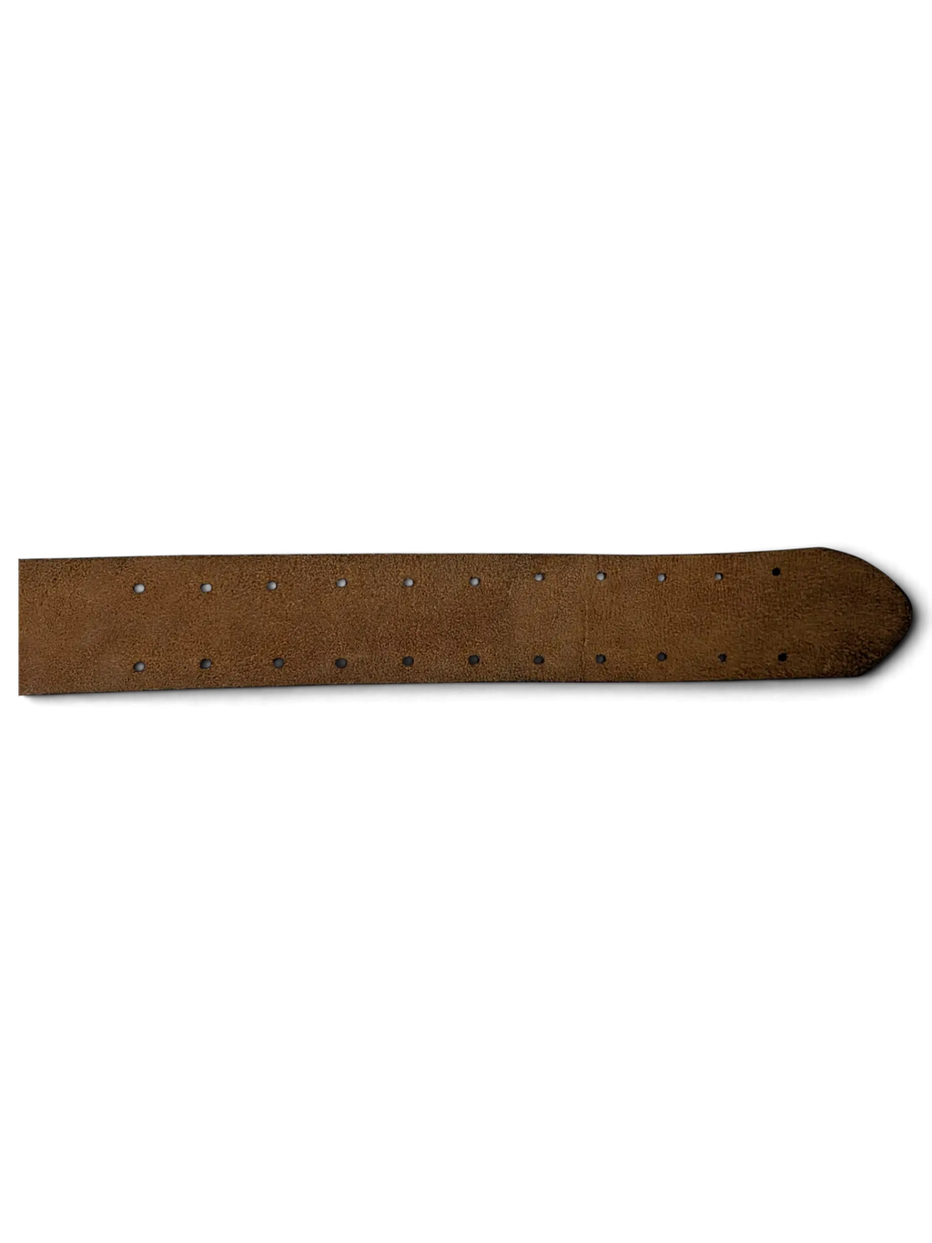 JAKE & IPI wide brown suede leather belt showing the inner side with double rows of adjustment holes