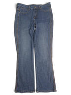 JAKE & IPI pre-owned Wrangler Aura mid blue bootcut jeans with side seam detailing and flared leg silhouette.