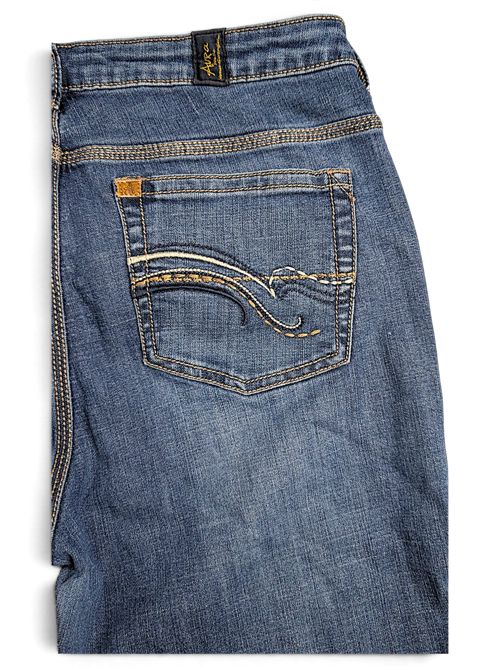 JAKE & IPI pre-owned Wrangler Aura mid blue bootcut jeans featuring curved decorative embroidery on back pockets
