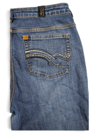 JAKE & IPI pre-owned Wrangler Aura mid blue bootcut jeans featuring curved decorative embroidery on back pockets