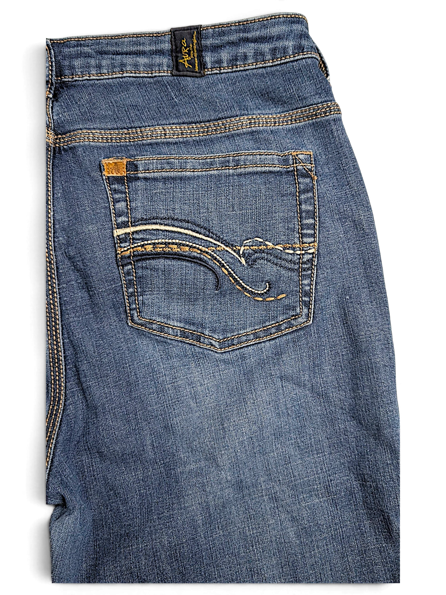 JAKE & IPI pre-owned Wrangler Aura mid blue bootcut jeans featuring curved decorative embroidery on back pockets