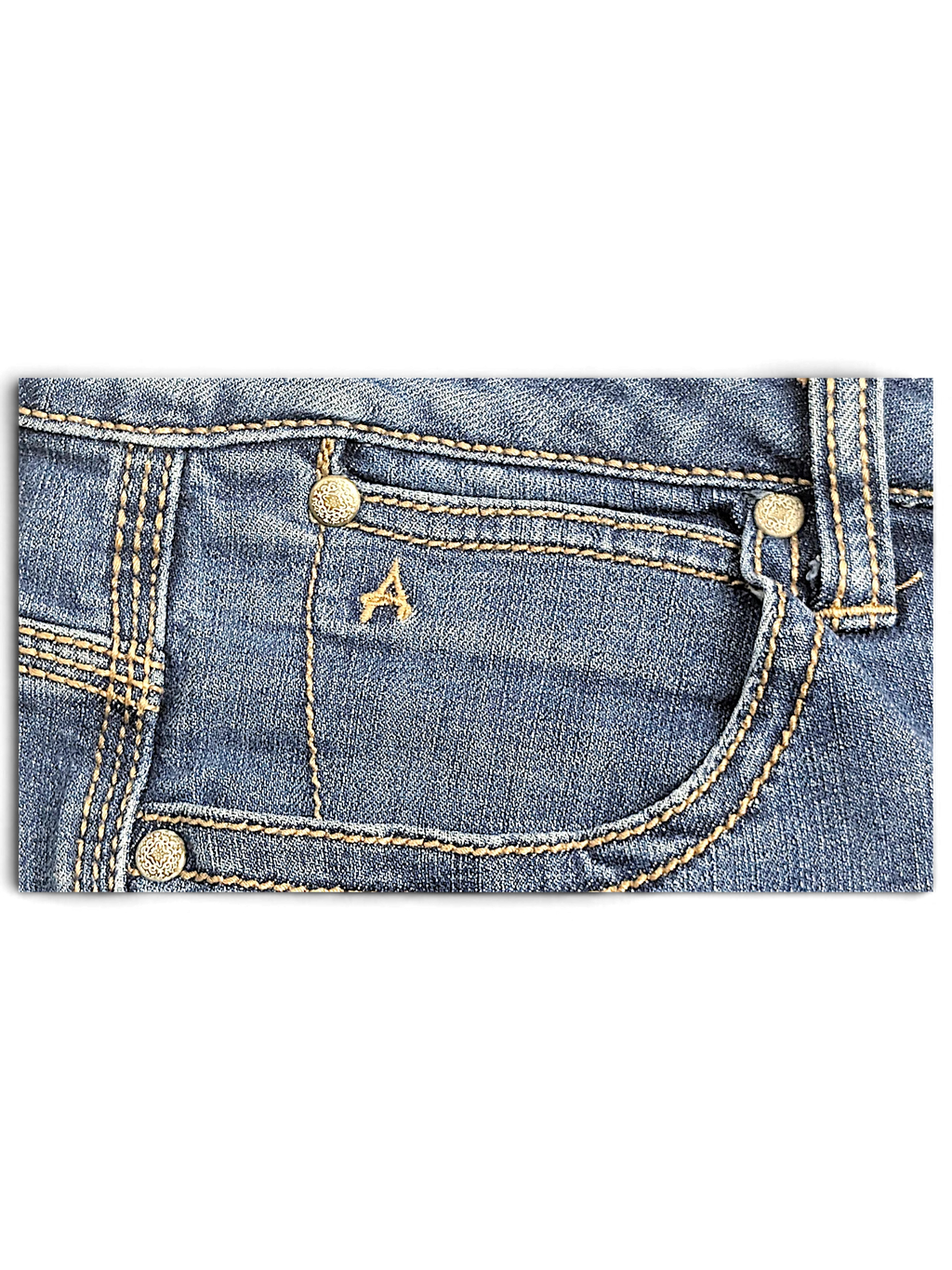 JAKE & IPI Wrangler Aura mid blue bootcut jeans featuring a small embroidered A logo on the coin pocket