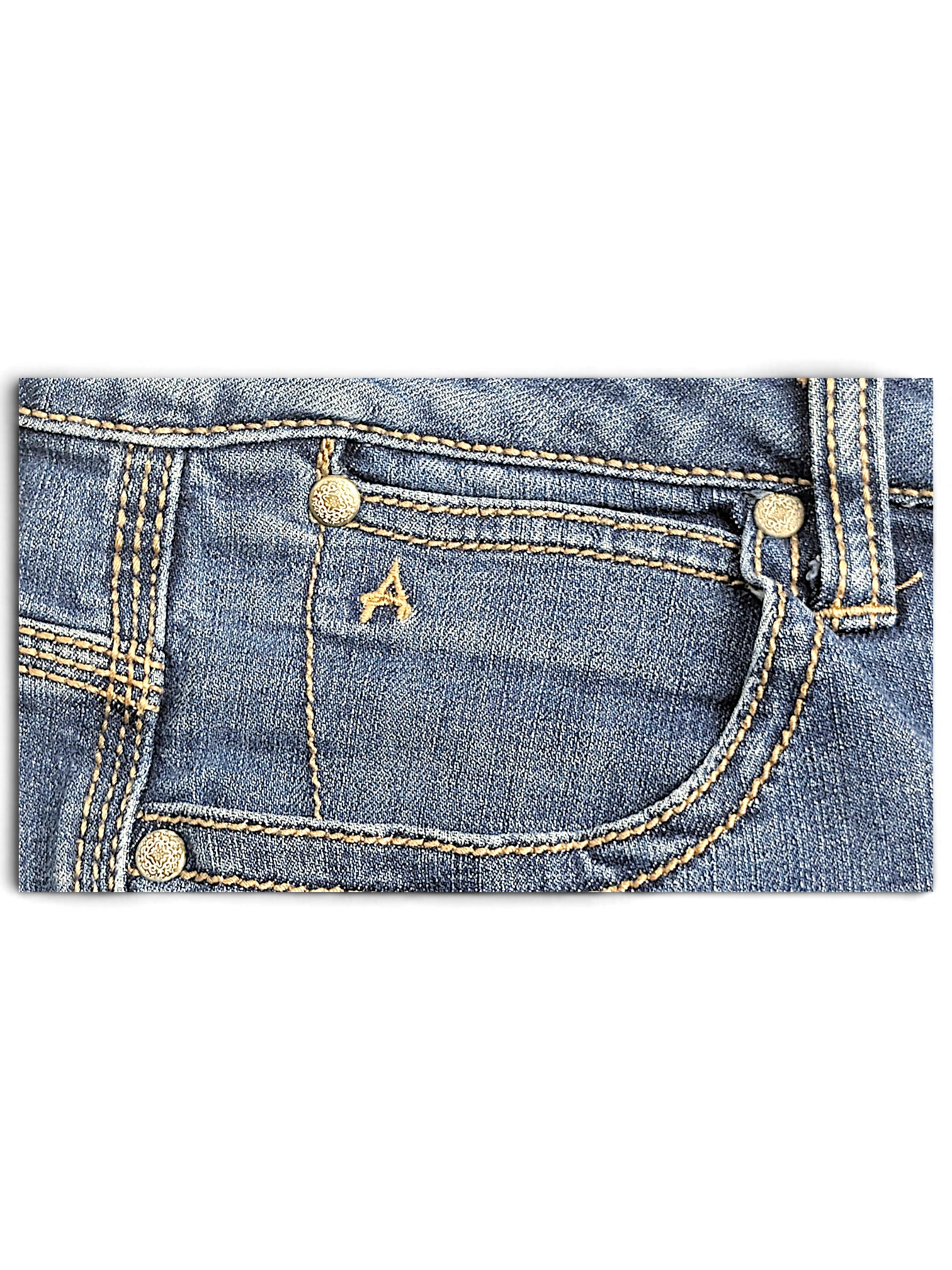 JAKE & IPI Wrangler Aura mid blue bootcut jeans featuring a small embroidered A logo on the coin pocket