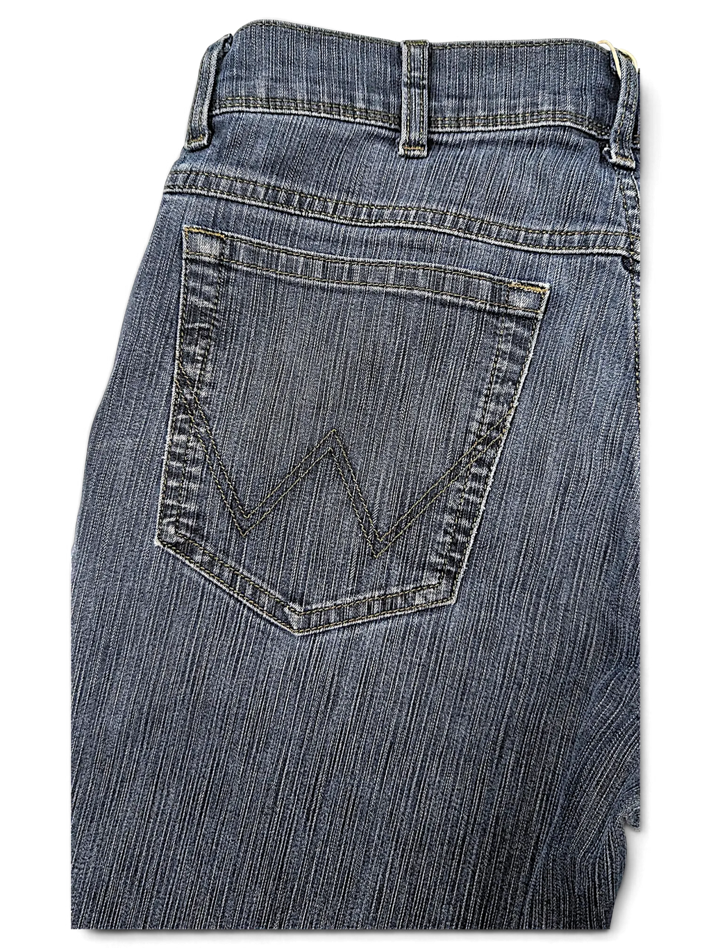 JAKE & IPI Wrangler blue denim jeans featuring classic five-pocket construction and signature back pocket stitching.