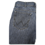 JAKE & IPI Wrangler blue denim jeans featuring classic five-pocket construction and signature back pocket stitching.