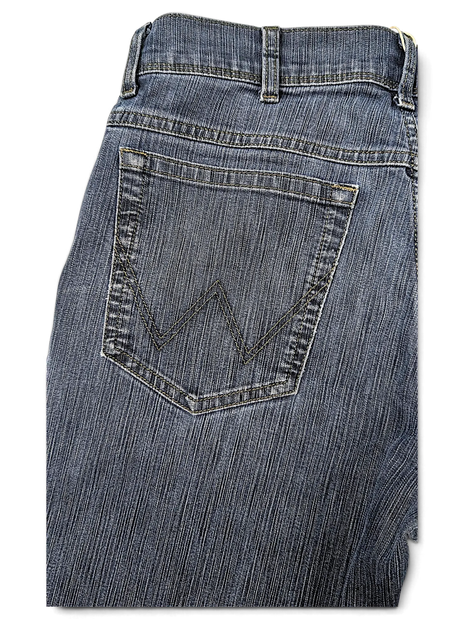 JAKE & IPI Wrangler blue denim jeans featuring classic five-pocket construction and signature back pocket stitching.