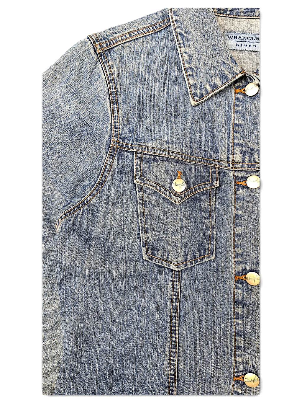 JAKE & IPI Wrangler blues vintage-wash blue denim jacket with metal buttons and chest pocket detail