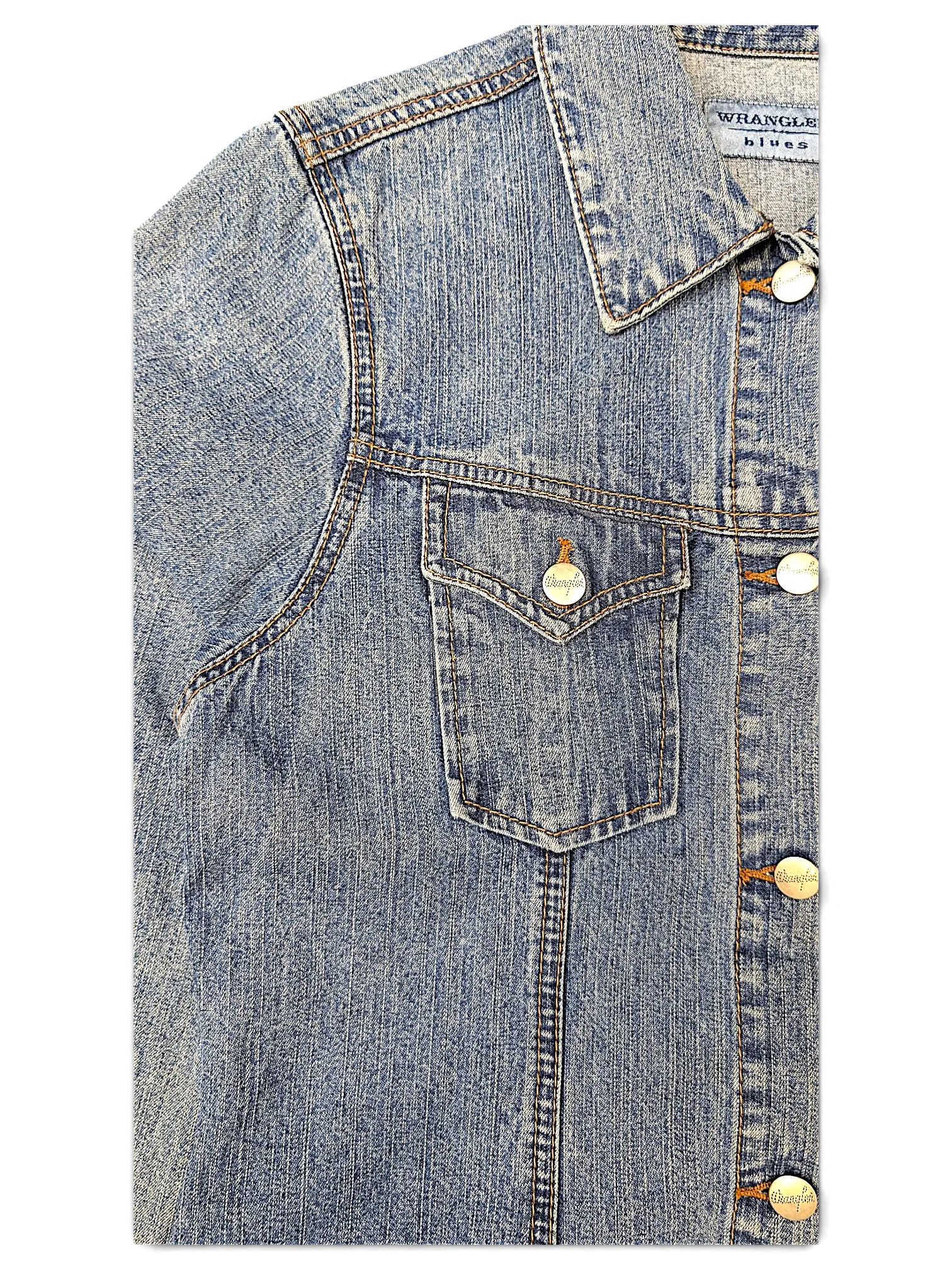 JAKE & IPI Wrangler blues vintage-wash blue denim jacket with metal buttons and chest pocket detail
