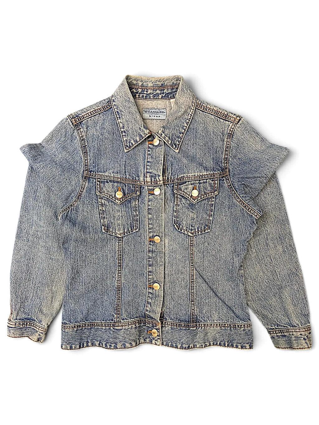 JAKE & IPI Wrangler blues vintage-wash denim jacket with button-up front and chest pockets