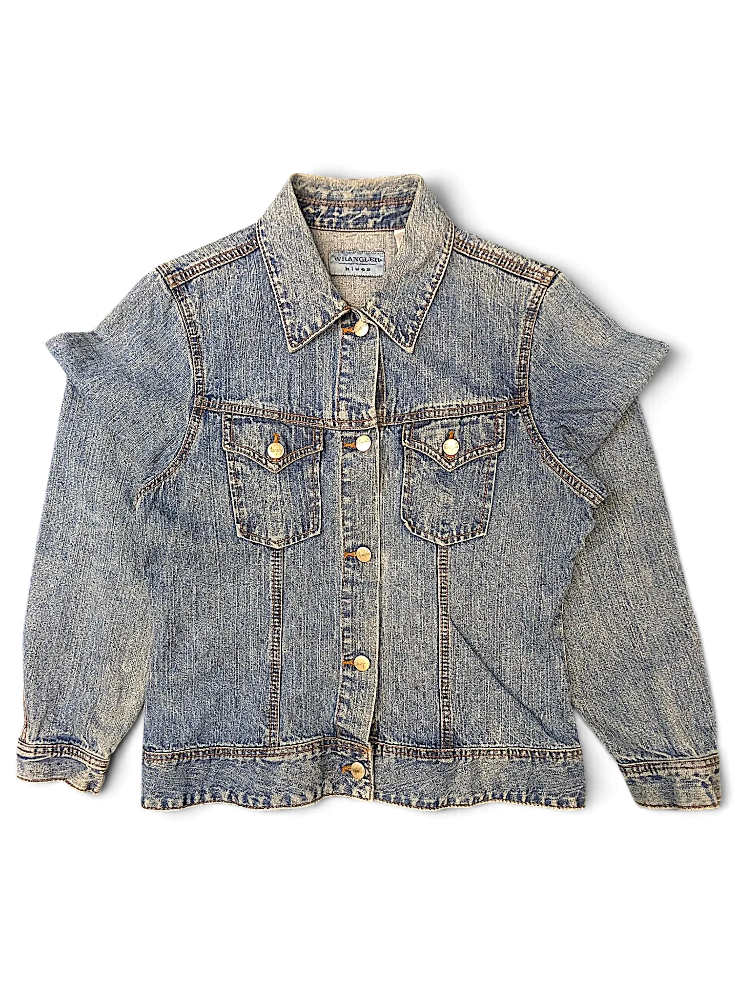 JAKE & IPI Wrangler blues vintage-wash denim jacket with button-up front and chest pockets