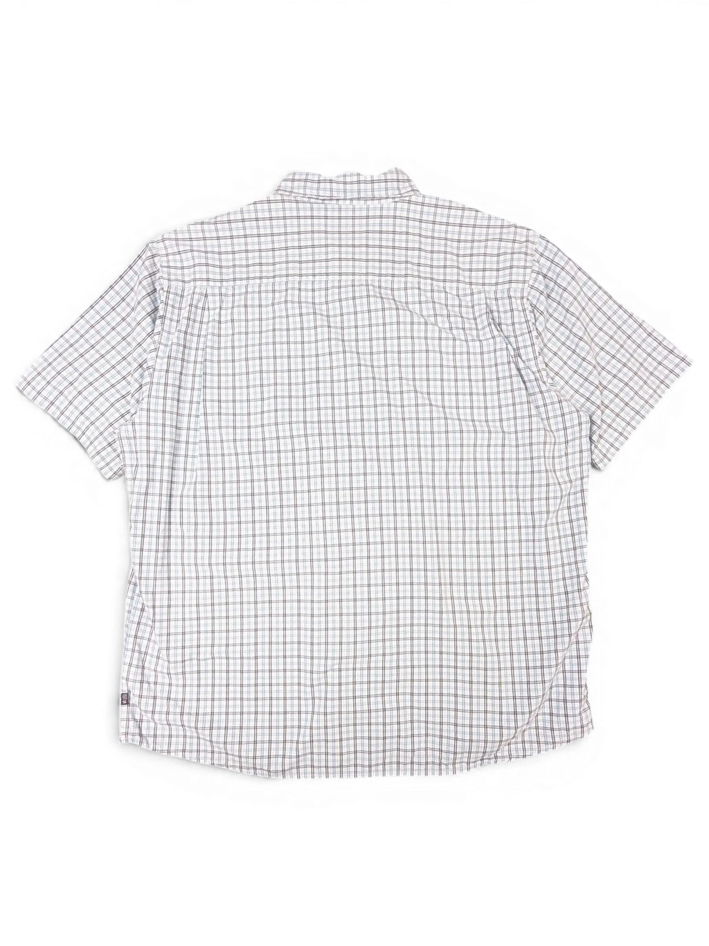JAKE & IPI vintage Wrangler short sleeve button-down shirt in a white, blue, and grey fine check pattern, back view.