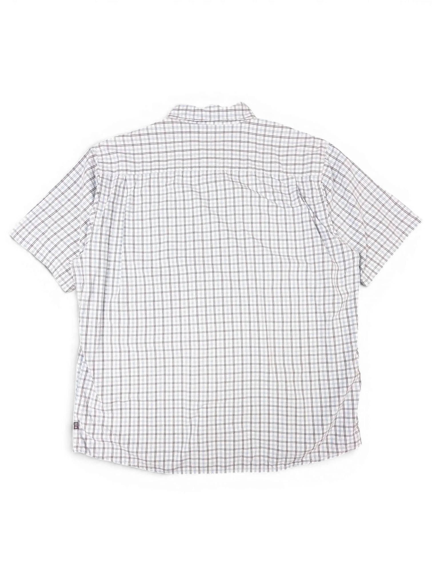 JAKE & IPI vintage Wrangler short sleeve button-down shirt in a white, blue, and grey fine check pattern, back view.