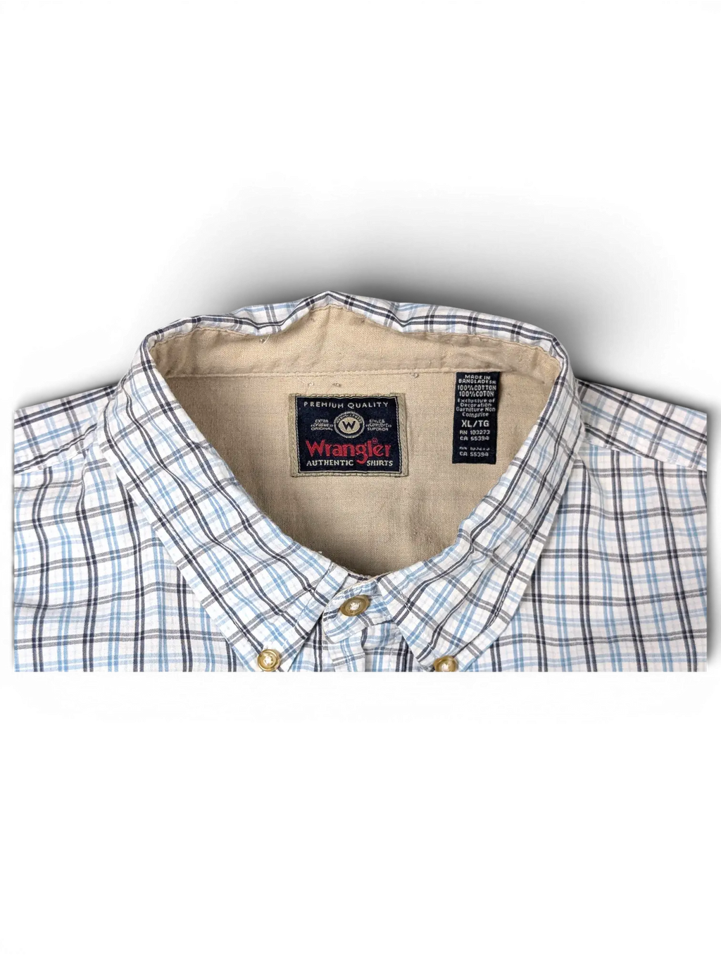 JAKE & IPI vintage Wrangler fine check short sleeve shirt in white, blue, and grey with a button-down collar.