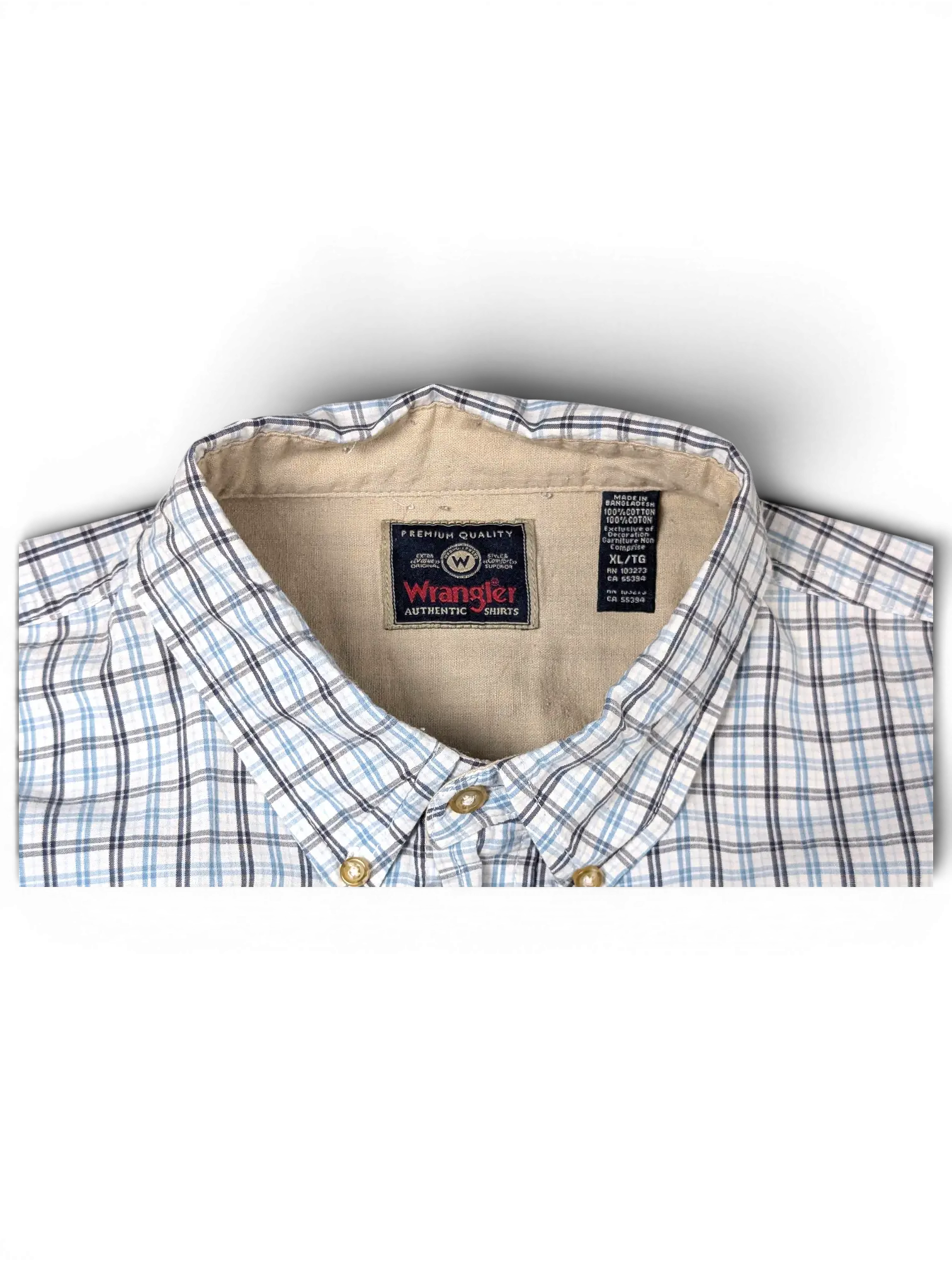JAKE & IPI vintage Wrangler fine check short sleeve shirt in white, blue, and grey with a button-down collar.