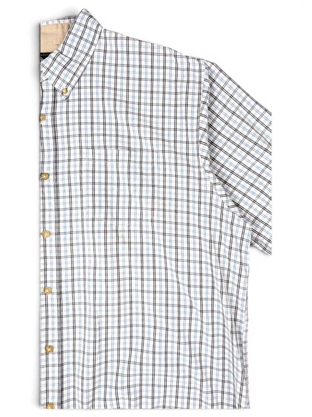 JAKE & IPI vintage Wrangler short sleeve button-down shirt in white, blue, and grey fine check pattern with chest pocket