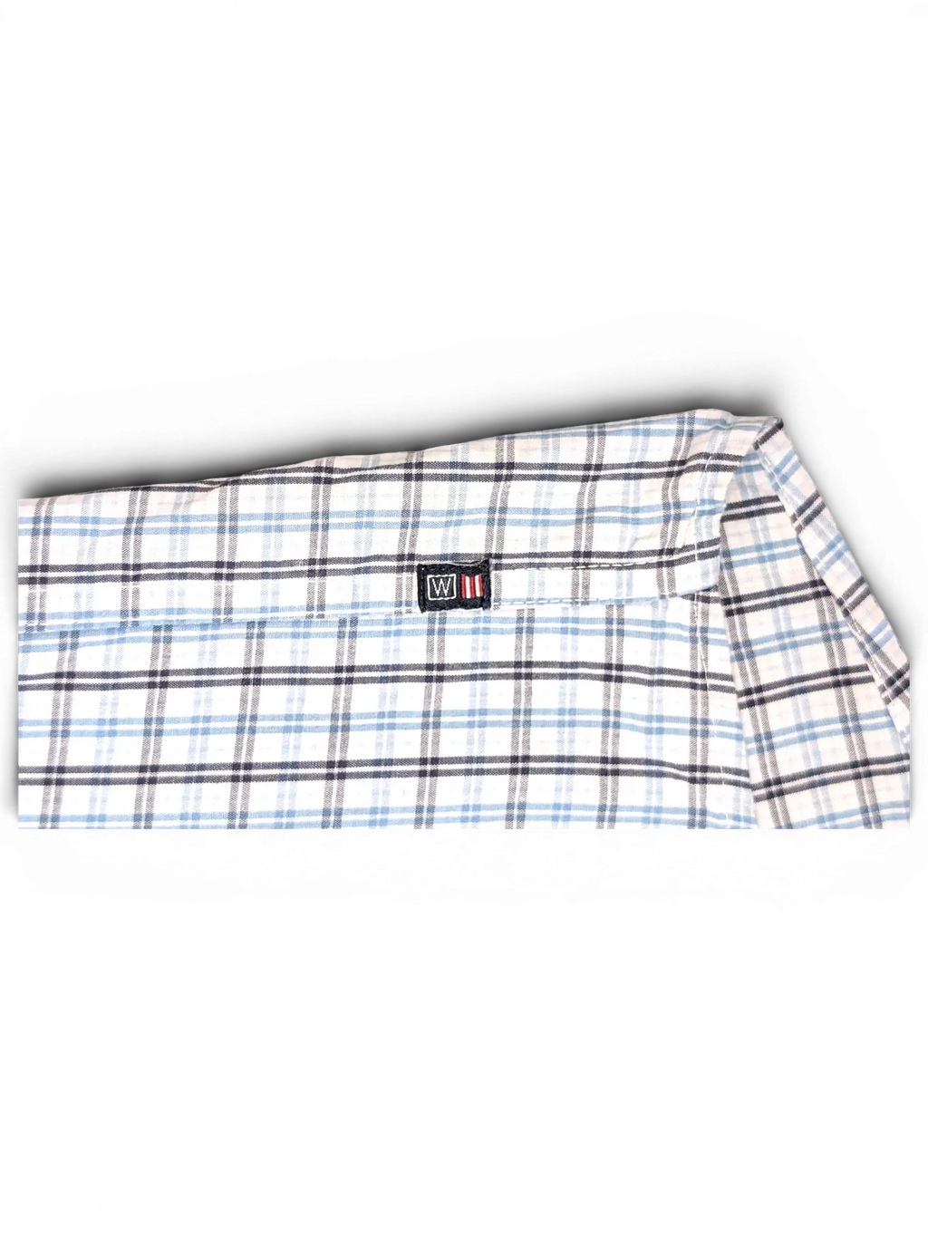 JAKE & IPI vintage Wrangler fine check short sleeve shirt in white, blue, and grey with a button-down collar.