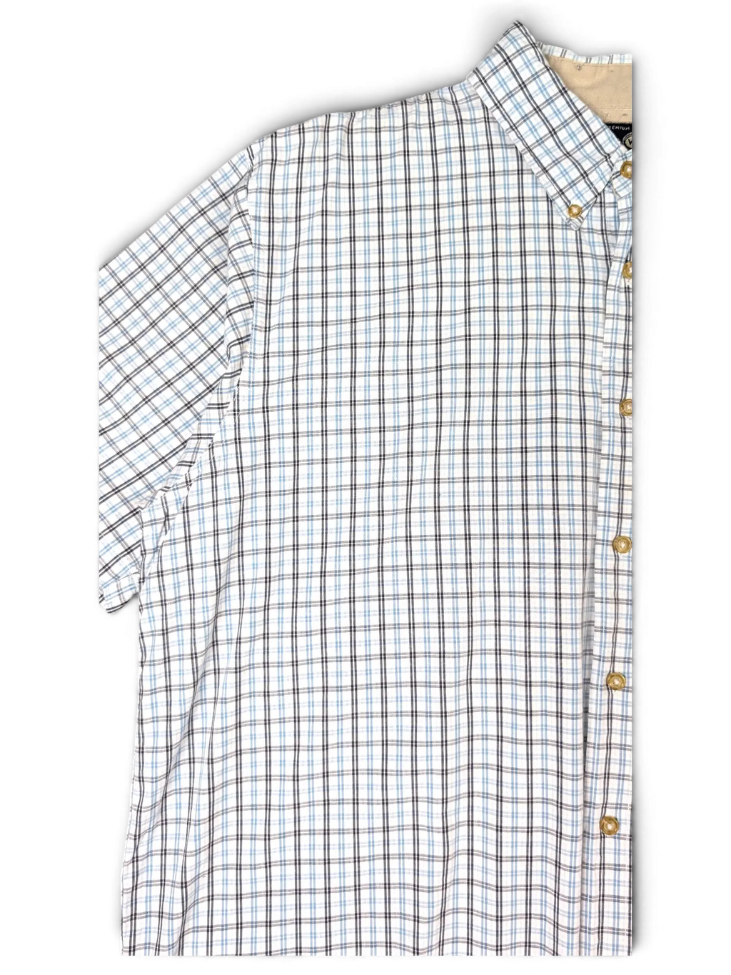 JAKE & IPI vintage Wrangler short sleeve button-down shirt in a white, blue, and grey fine check pattern.