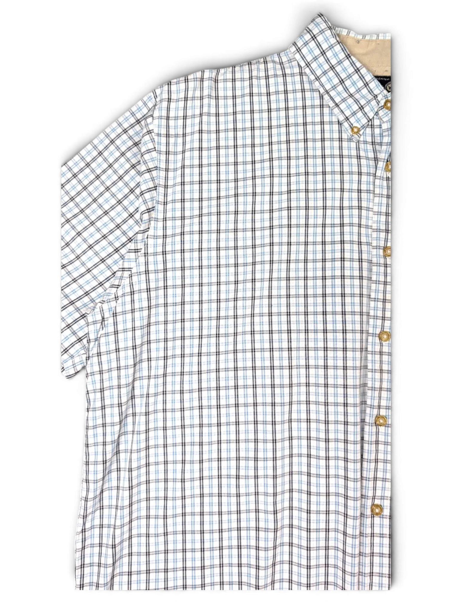 JAKE & IPI vintage Wrangler short sleeve button-down shirt in a white, blue, and grey fine check pattern.