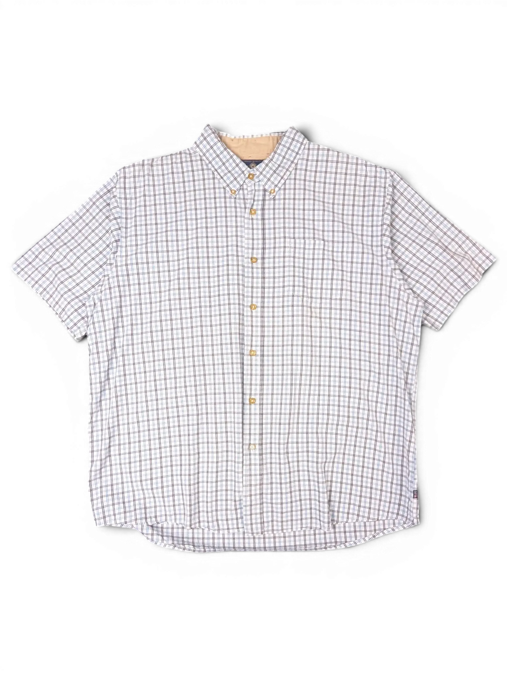 JAKE & IPI vintage Wrangler short sleeve button-down shirt in white, blue, and grey fine check pattern.