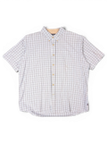 JAKE & IPI vintage Wrangler short sleeve button-down shirt in white, blue, and grey fine check pattern.