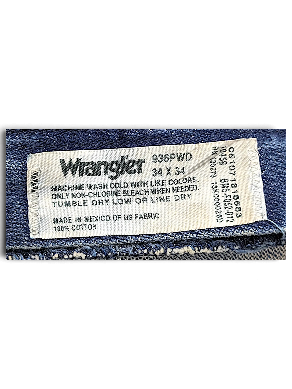 JAKE & IPI Wrangler 936PWD 100% cotton denim jeans interior care label with size 34x34