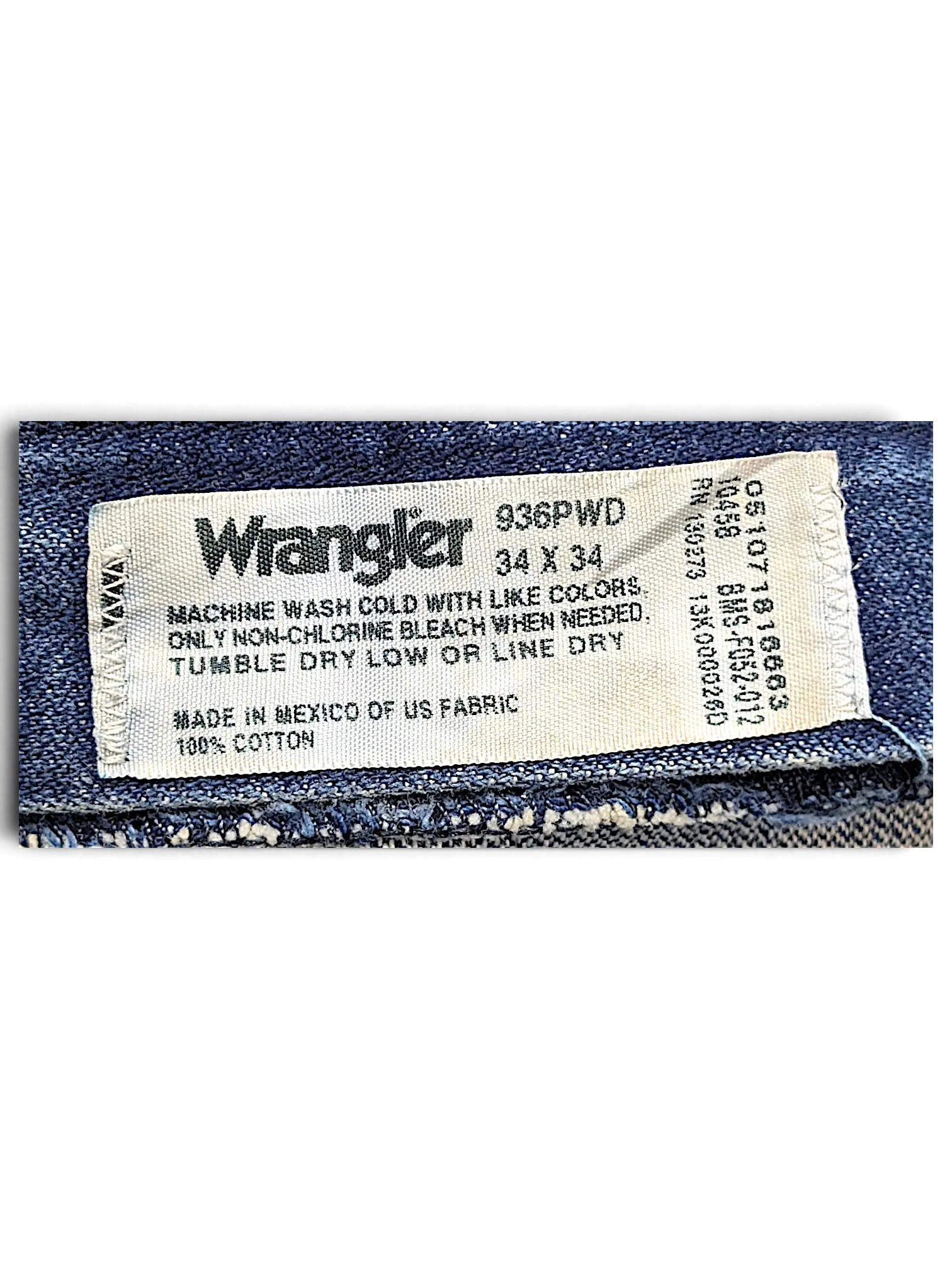 JAKE & IPI Wrangler 936PWD 100% cotton denim jeans interior care label with size 34x34