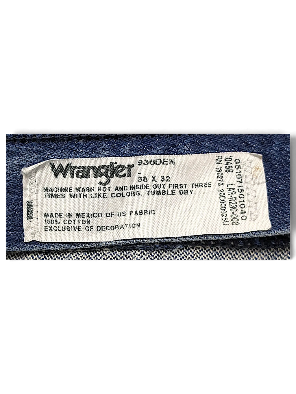 JAKE & IPI Wrangler 936DEN 100% cotton denim jeans interior care label showing size 38x32
