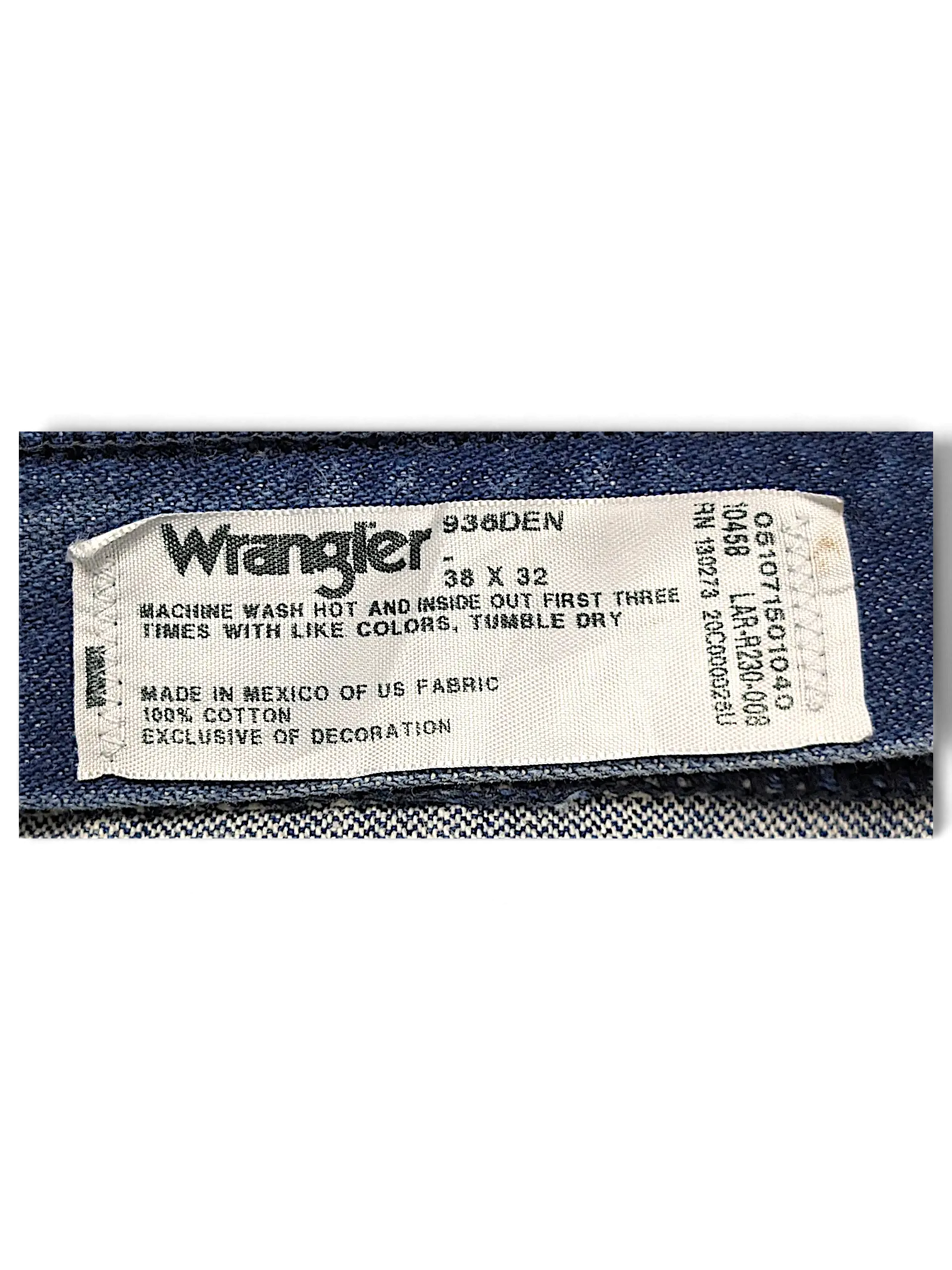 JAKE & IPI Wrangler 936DEN 100% cotton denim jeans interior care label showing size 38x32