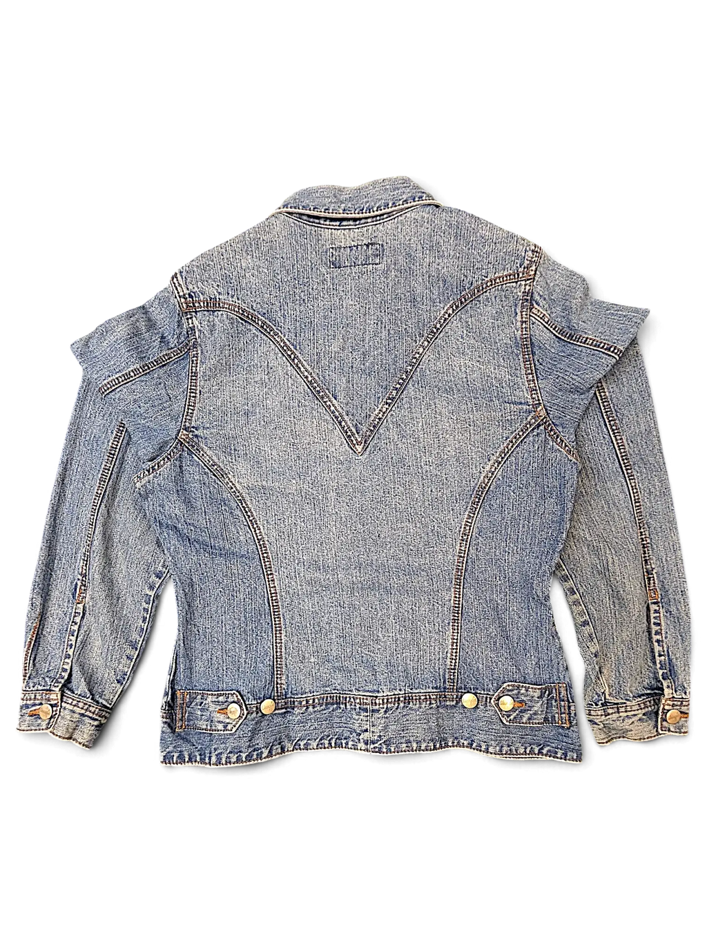 Back view of a JAKE & IPI Wrangler blues denim jacket featuring a V-shaped back yoke and silver button details.