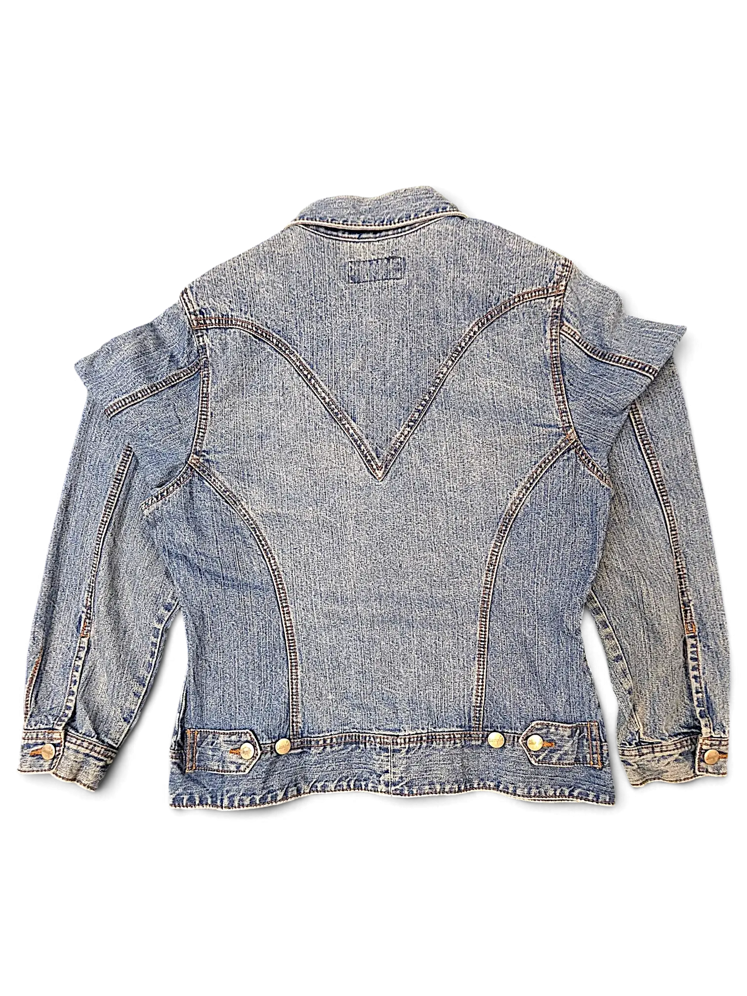 Back view of a JAKE & IPI Wrangler blues denim jacket featuring a V-shaped back yoke and silver button details.