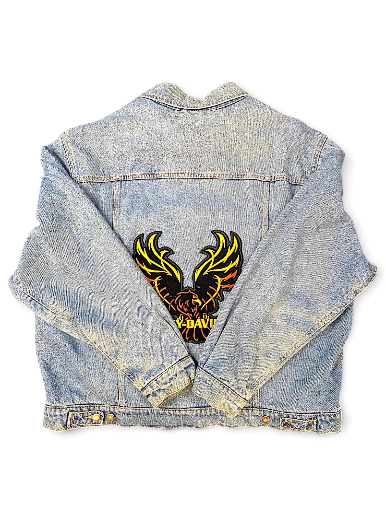 JAKE & IPI vintage light wash denim jacket with Harley Davidson eagle embroidery on the back
