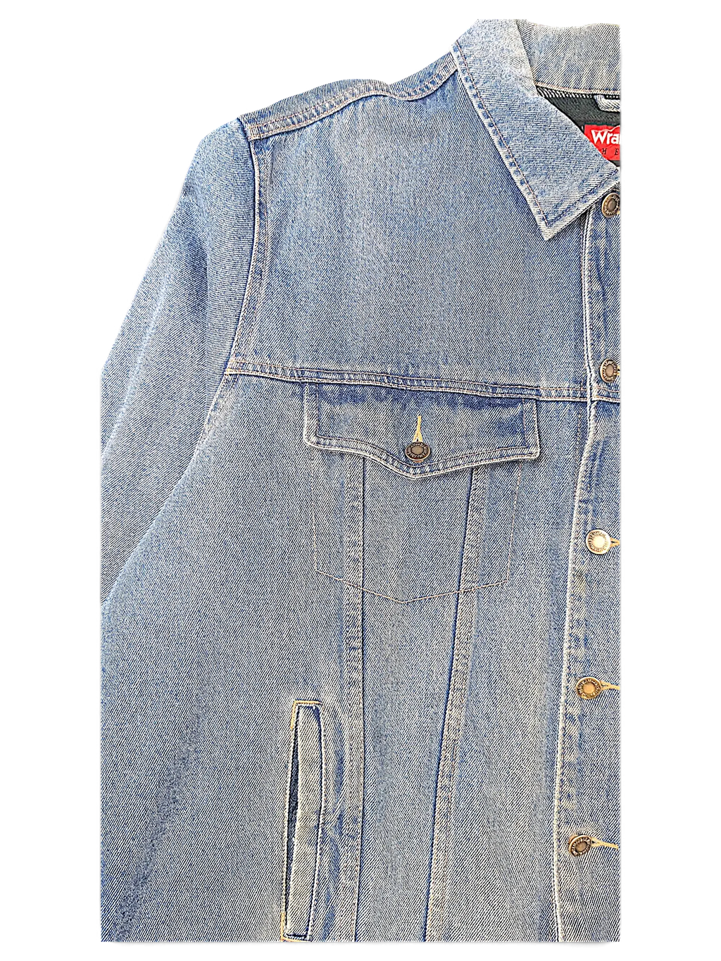 JAKE & IPI Wrangler light wash denim jacket with quilted interior and button-up front closure