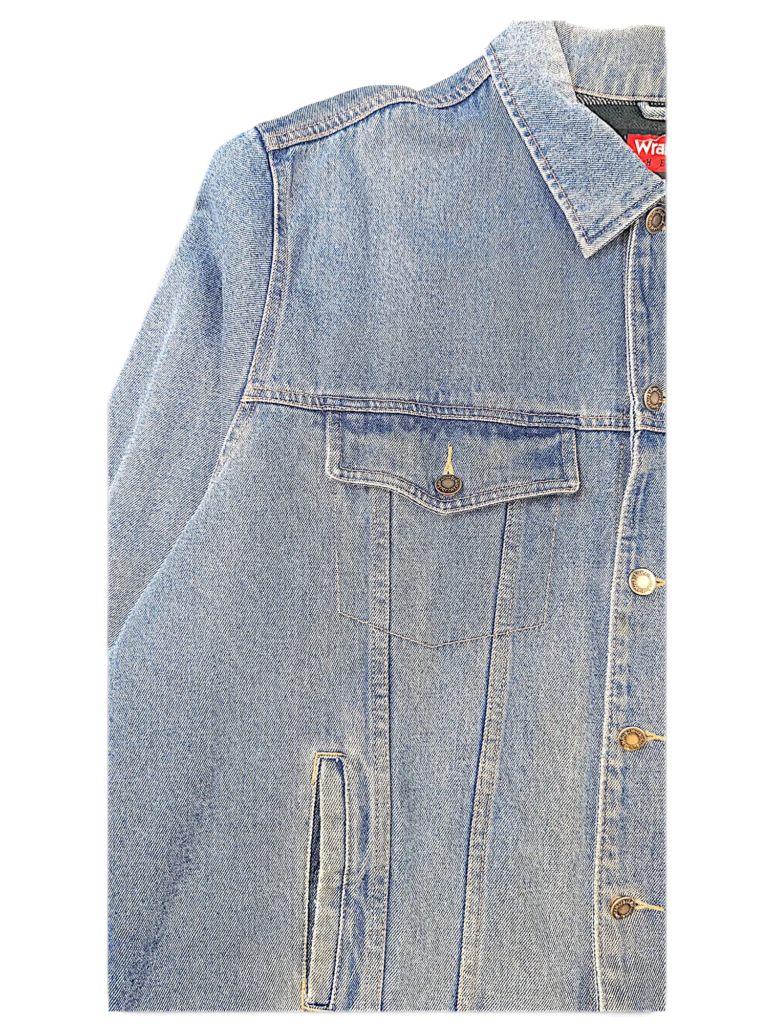JAKE & IPI Wrangler light wash denim jacket with quilted interior and button-up front closure