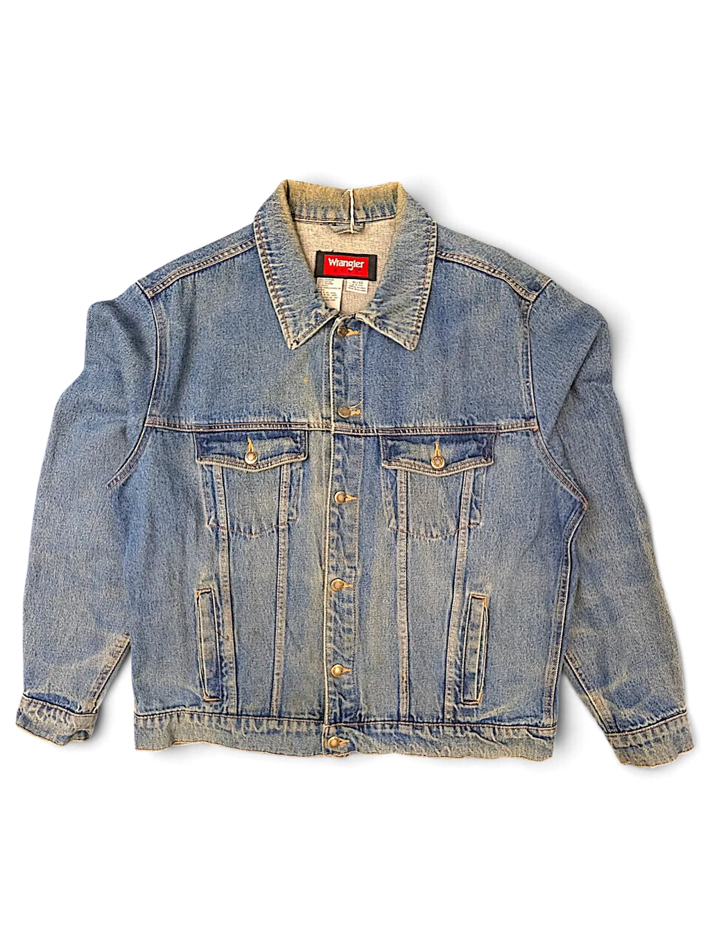 JAKE & IPI Wrangler Hero vintage blue denim jacket with button-up front, chest pockets, and classic collar.