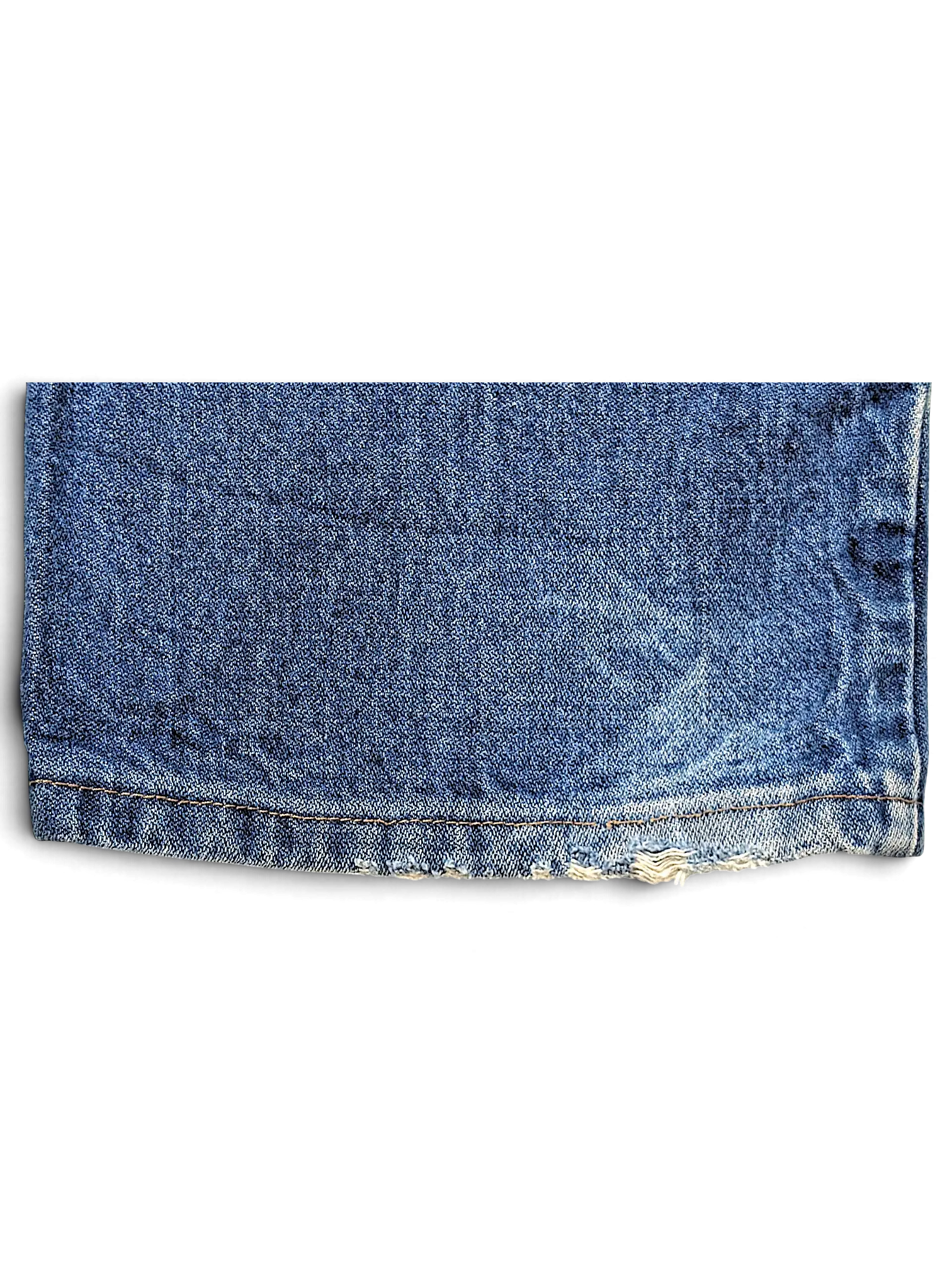 JAKE & IPI Wrangler 936DEN blue denim jeans hem with visible fraying and wear on the bottom edge