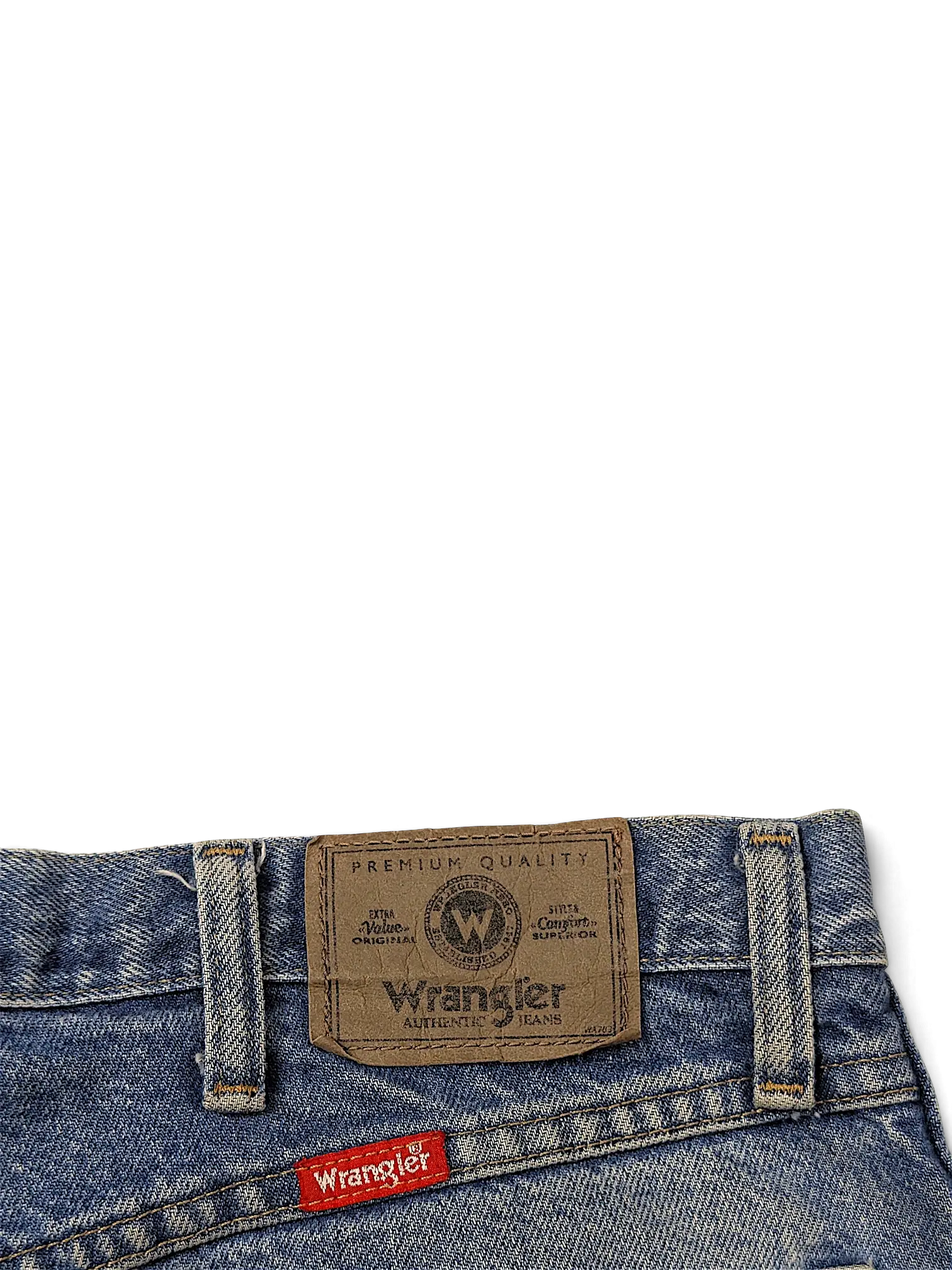 JAKE & IPI Wrangler blue denim jeans featuring a brown leather back waist patch and red brand logo label