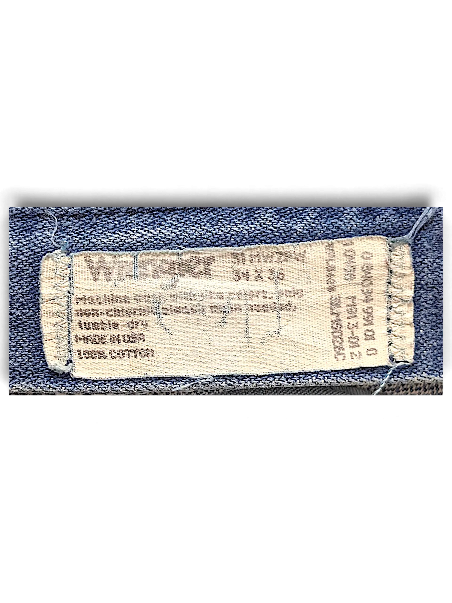 JAKE & IPI Wrangler 31MWZPW 34x36 blue denim jeans interior care and size label made in USA