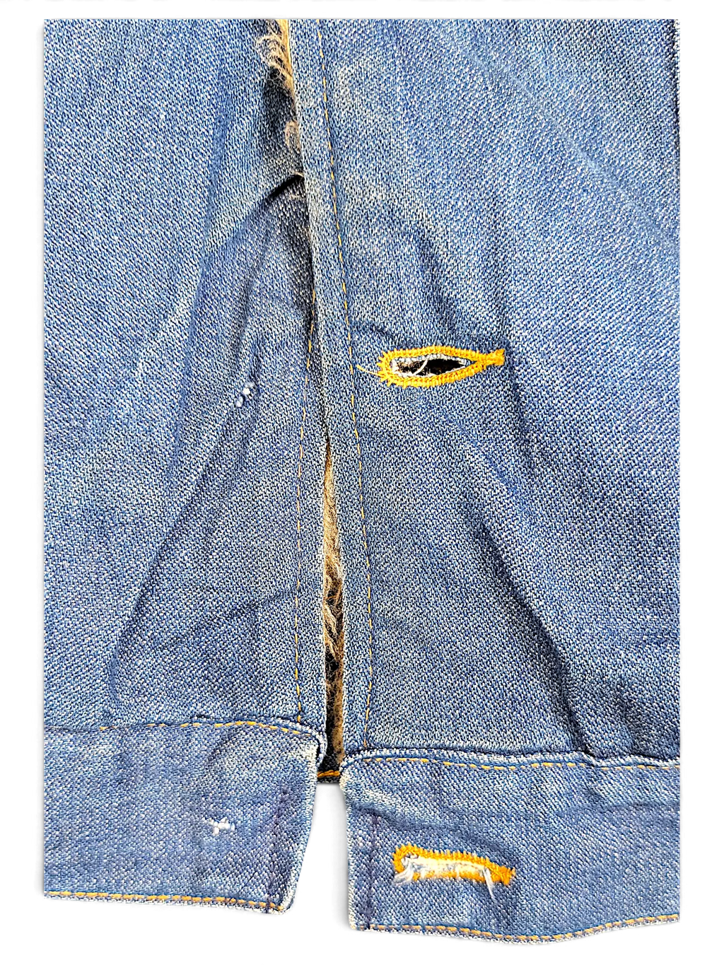 Close-up of JAKE & IPI vintage Wrangler denim sherpa jacket showing blue denim texture and buttonhole detail