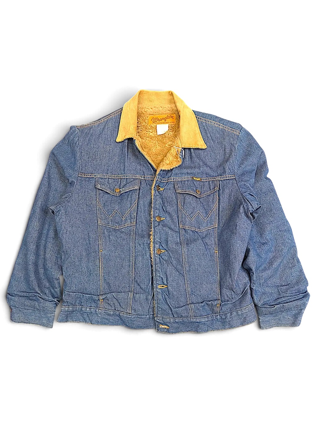 JAKE & IPI vintage Wrangler 80s 90s blue denim jacket with tan sherpa lining and corduroy collar