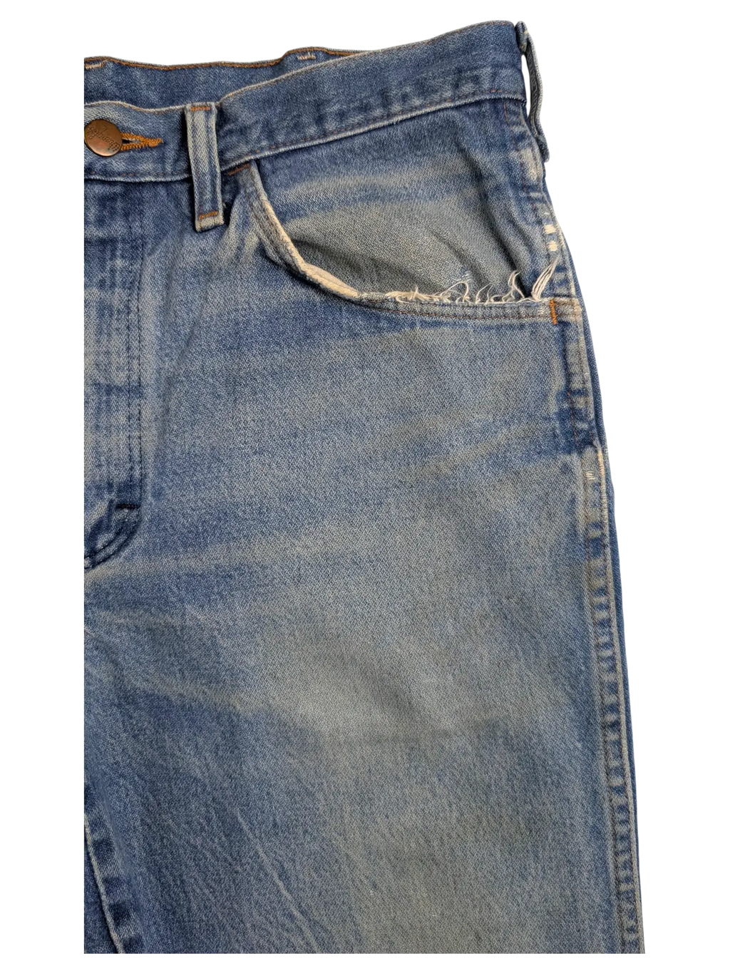 JAKE & IPI Wrangler bootcut jeans in light blue denim with a distressed frayed coin pocket detail.