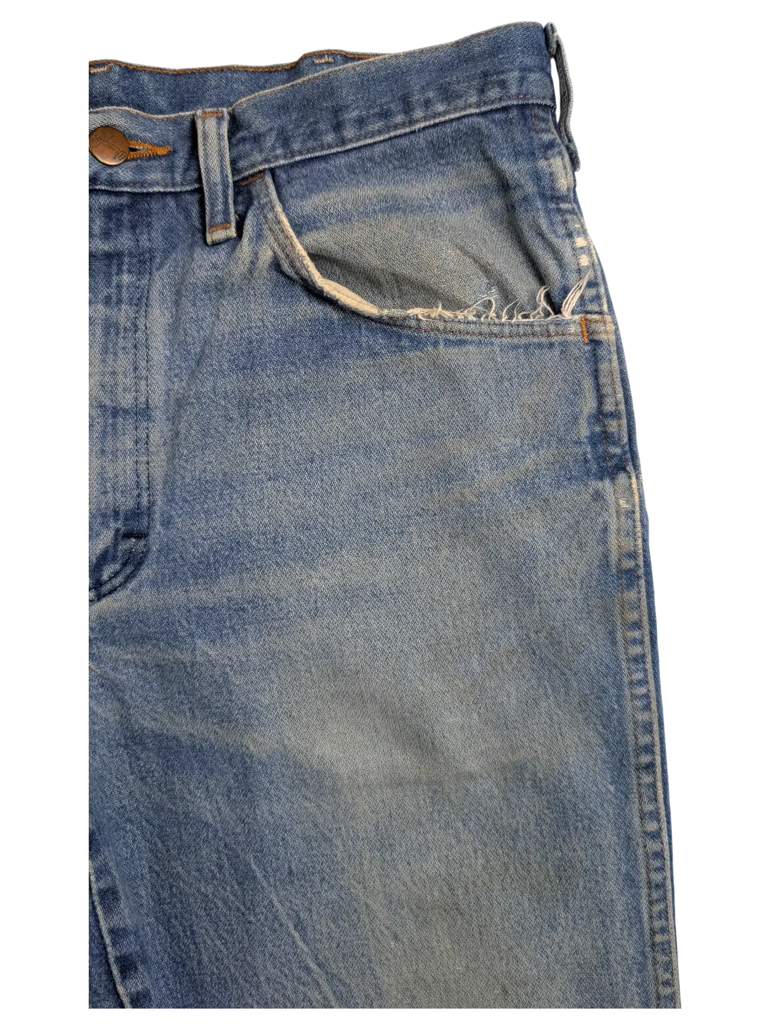 JAKE & IPI Wrangler bootcut jeans in light blue denim with a distressed frayed coin pocket detail.