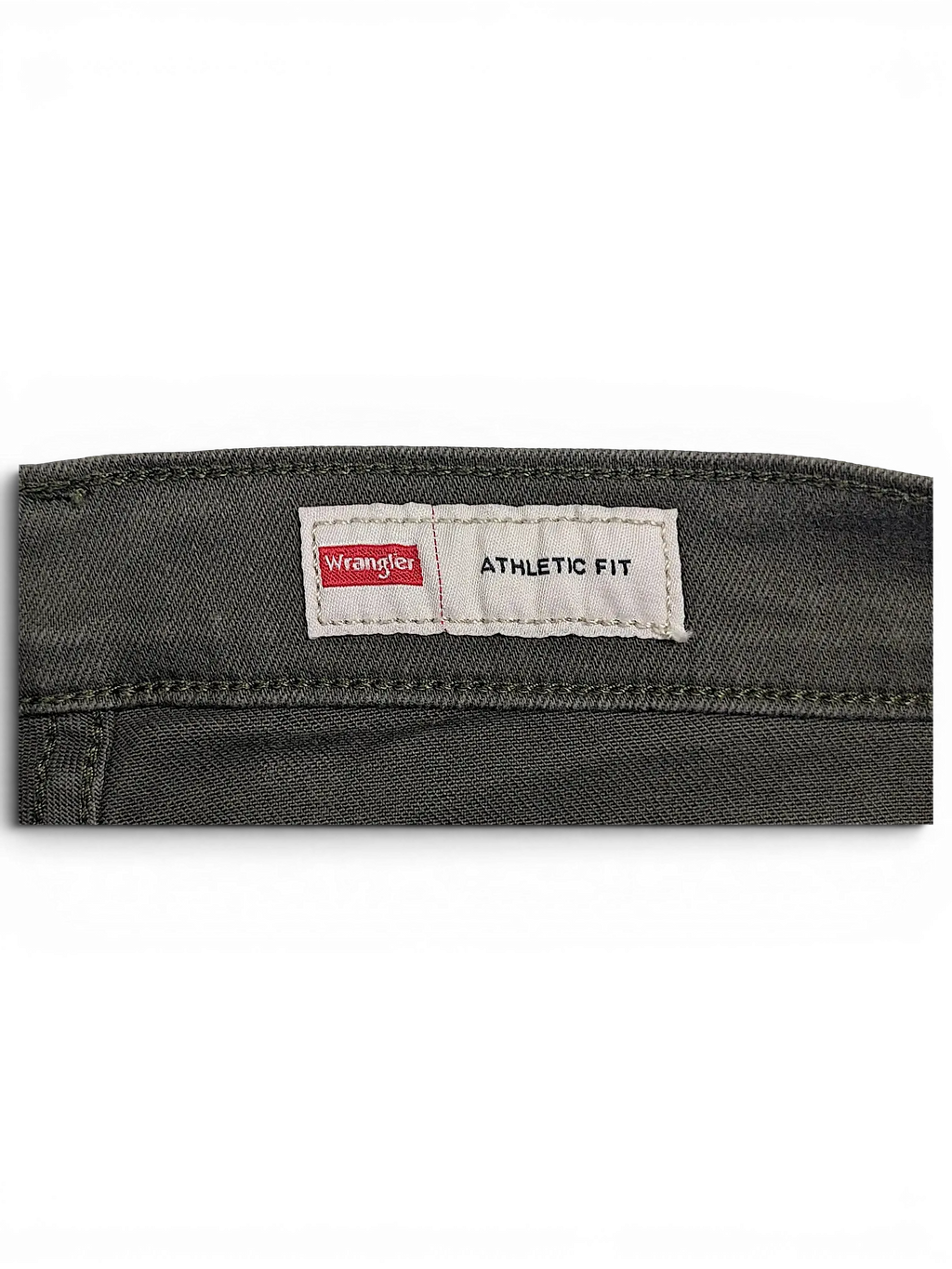 JAKE & IPI Wrangler green athletic fit jeans featuring a branded back waistband label on olive denim fabric.