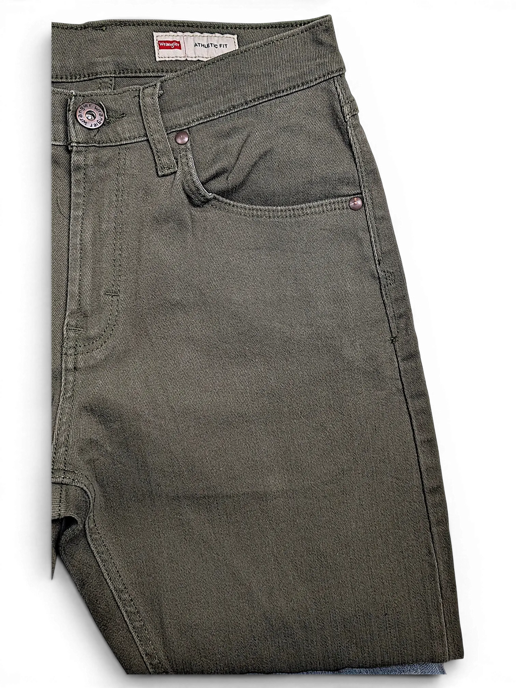 JAKE & IPI Wrangler green athletic fit jeans with classic five-pocket styling and metal rivets