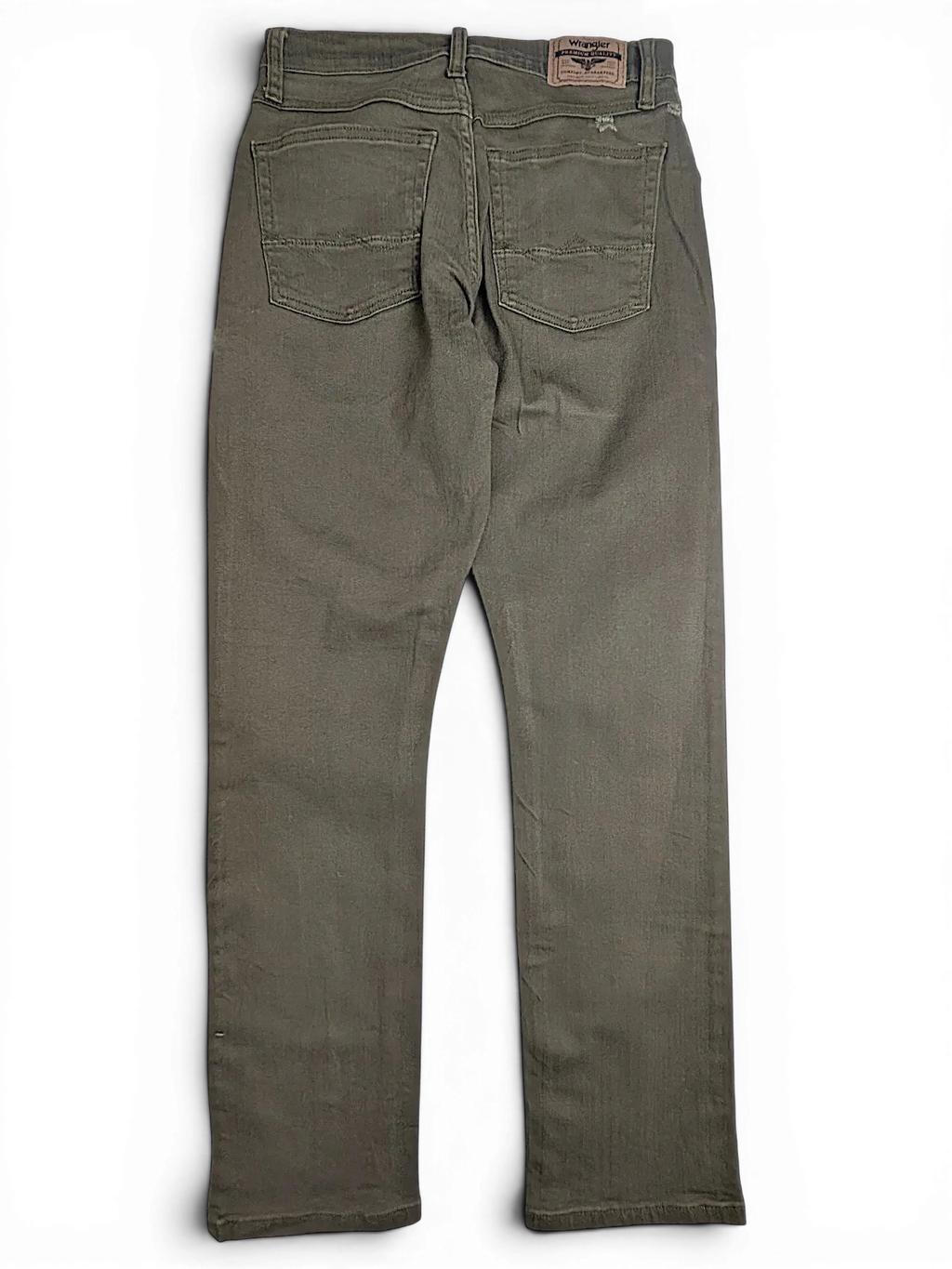 Back view of JAKE & IPI Wrangler green athletic fit jeans featuring two back pockets and a leather brand patch.