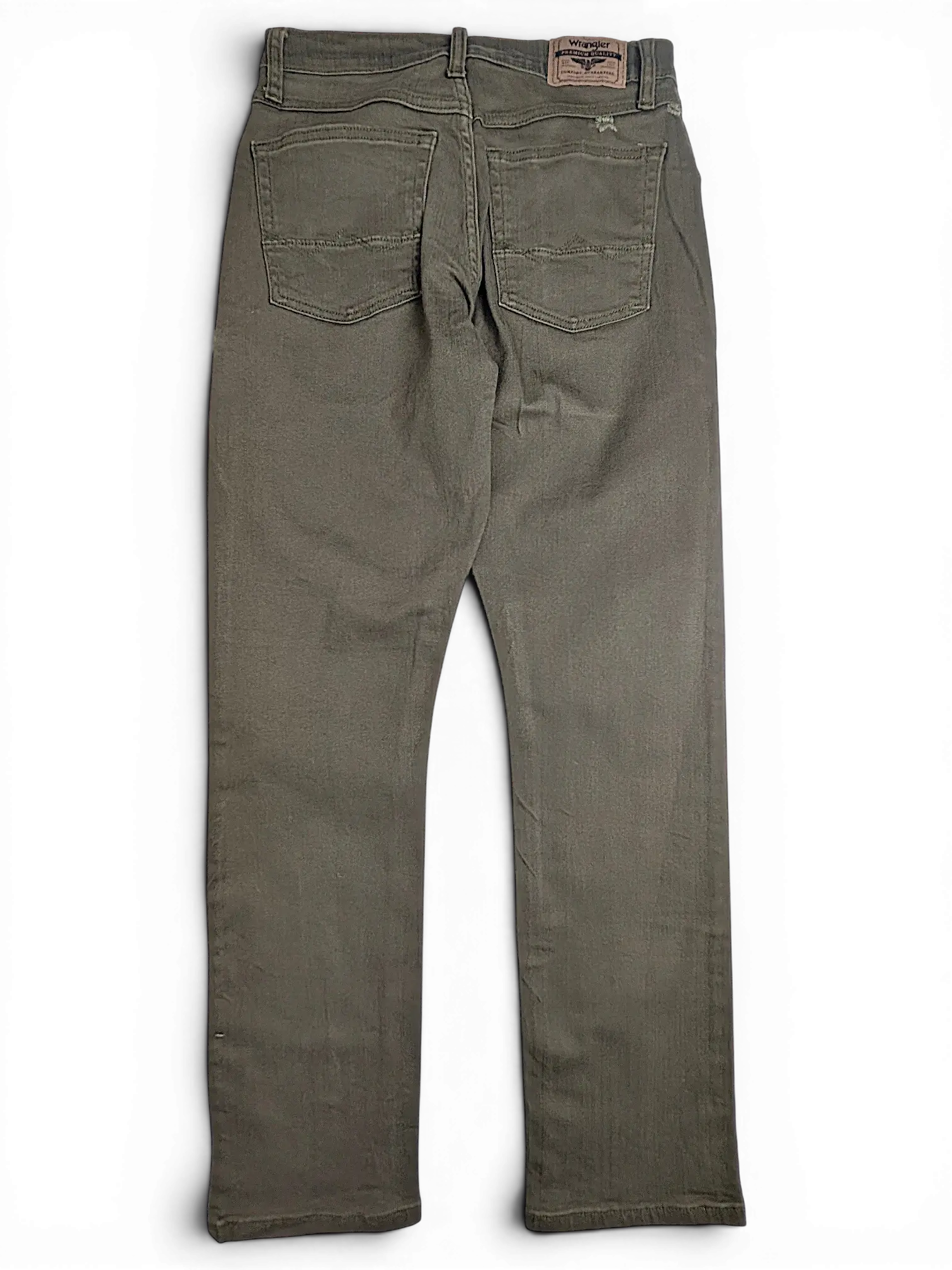 Back view of JAKE & IPI Wrangler green athletic fit jeans featuring two back pockets and a leather brand patch.
