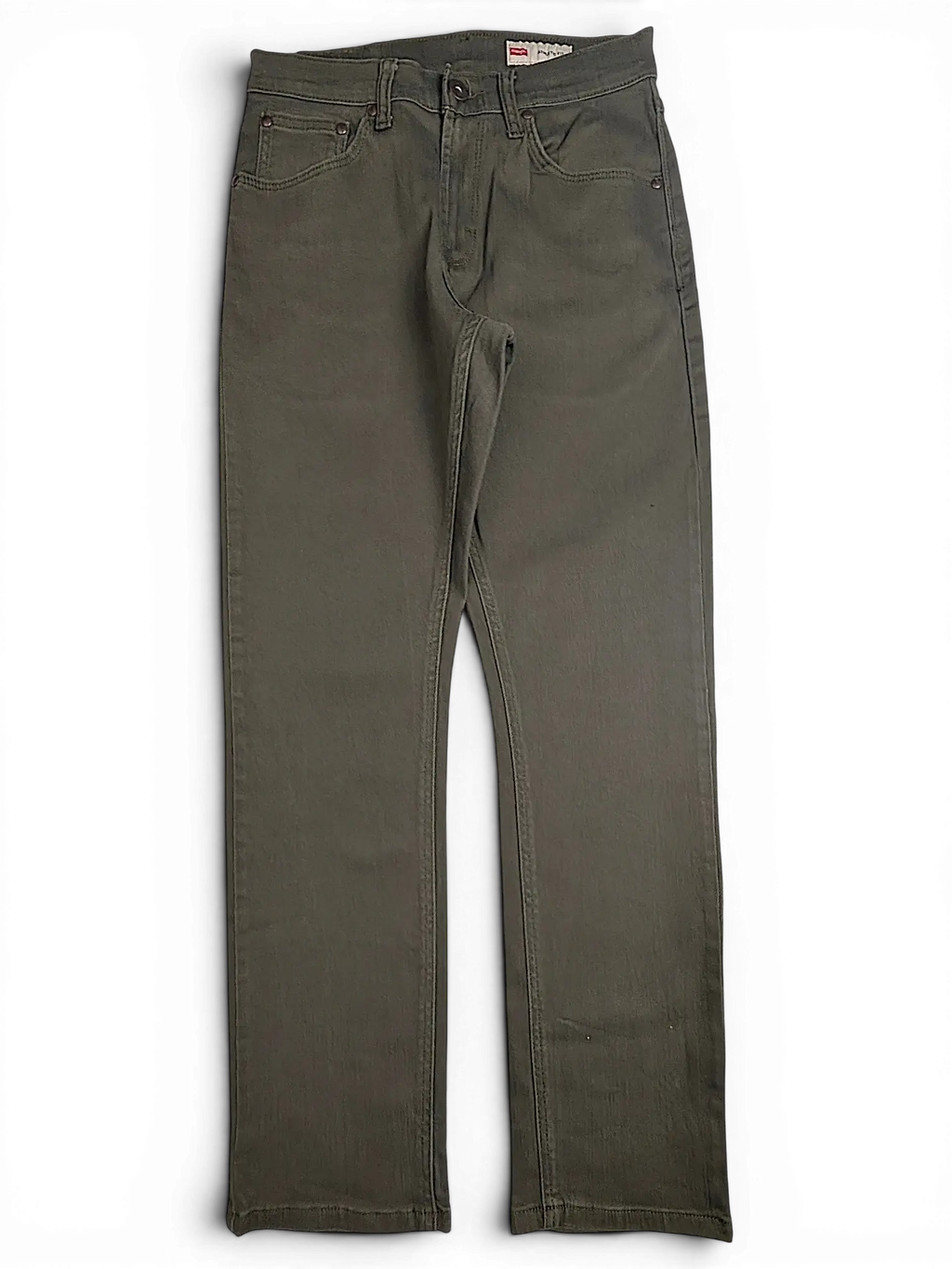 JAKE & IPI Wrangler green athletic fit denim jeans with a classic five-pocket design on a white surface.