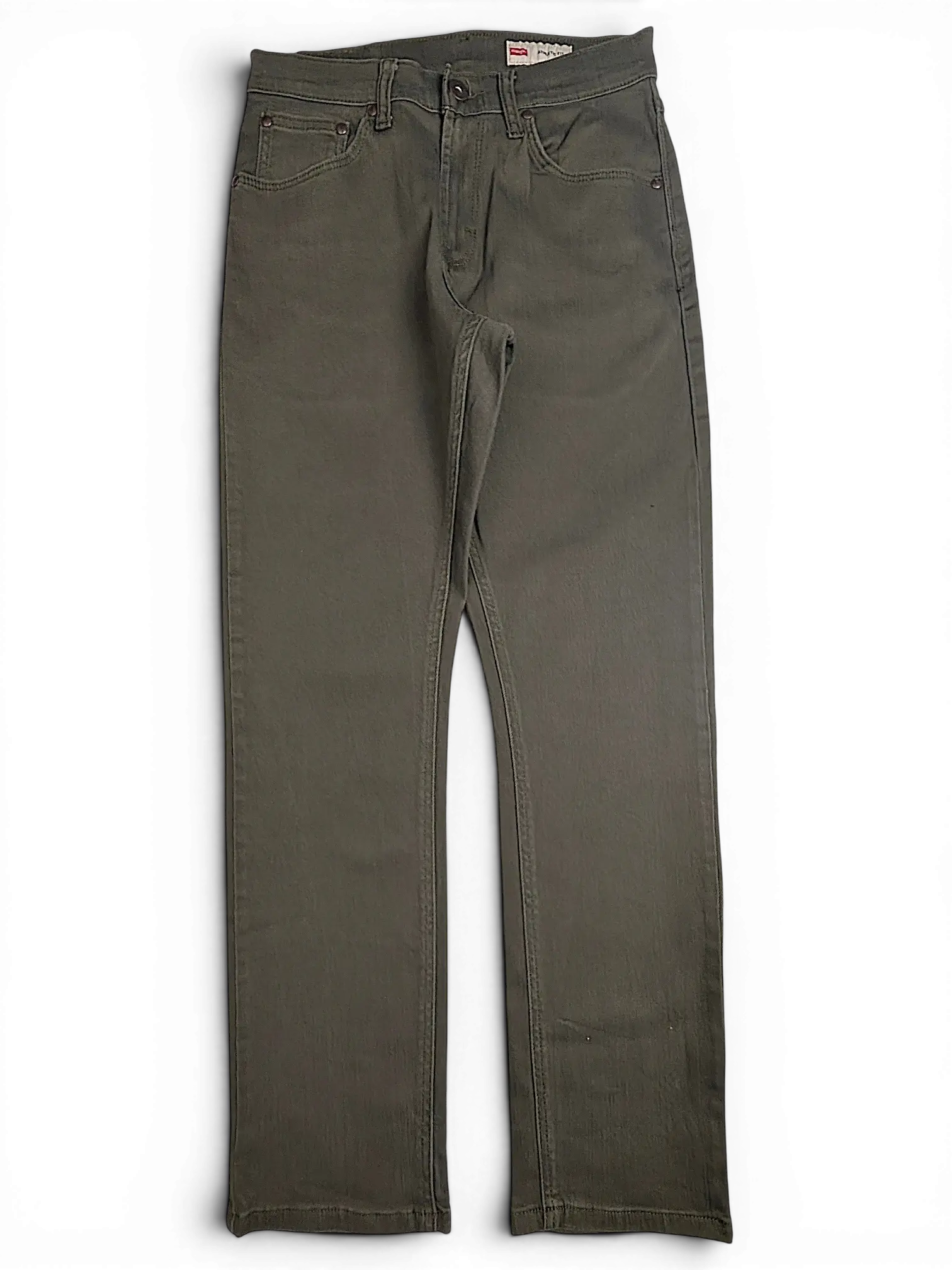 JAKE & IPI Wrangler green athletic fit denim jeans with a classic five-pocket design on a white surface.