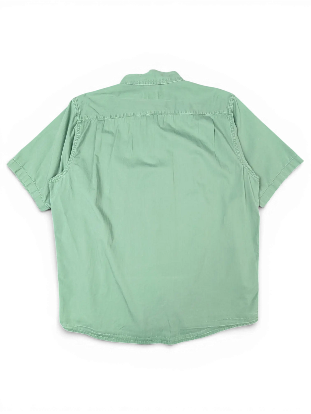 Back view of a JAKE & IPI pre-owned Wrangler green short sleeve utility shirt with a classic collar.