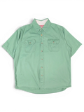 JAKE & IPI pre-owned Wrangler green short sleeve utility shirt with button-front and dual chest pockets.