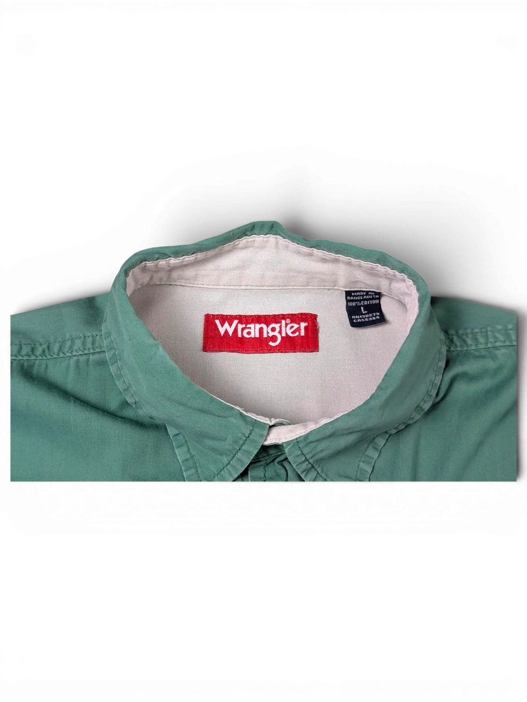 JAKE & IPI pre-owned green Wrangler utility shirt with button-front and chest pockets, size large.